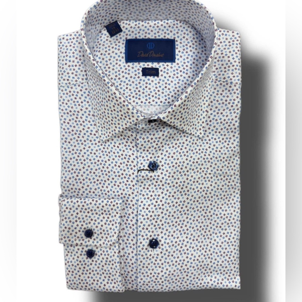 David Donahue White Dress Shirt with Blue and Brown Microprint
